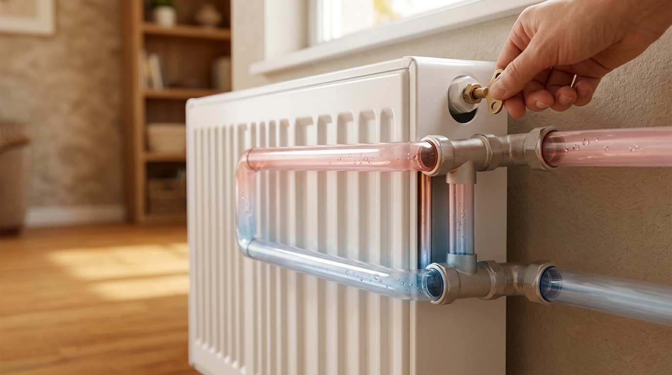 Un schéma pédagogique montrant la circulation de l'eau dans un radiateur et l'endroit où se situe la vis de purge.. Rôle éditorial: Éduquer le lecteur sur un geste simple mais cruc